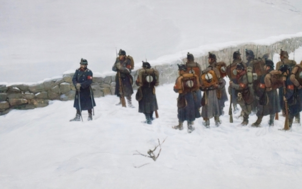 Ölgemälde einer verschneiten Landschaft. An einem Grenzübergang steht eine Gruppe von Schweizer Soldaten, welche über die Grenze hinweg links aus dem Bild schauen.